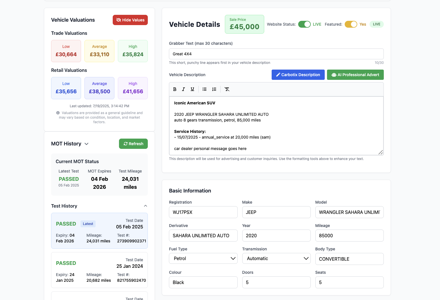 Comprehensive Vehicle Data Report with MOT History, Valuations, and Market Analysis